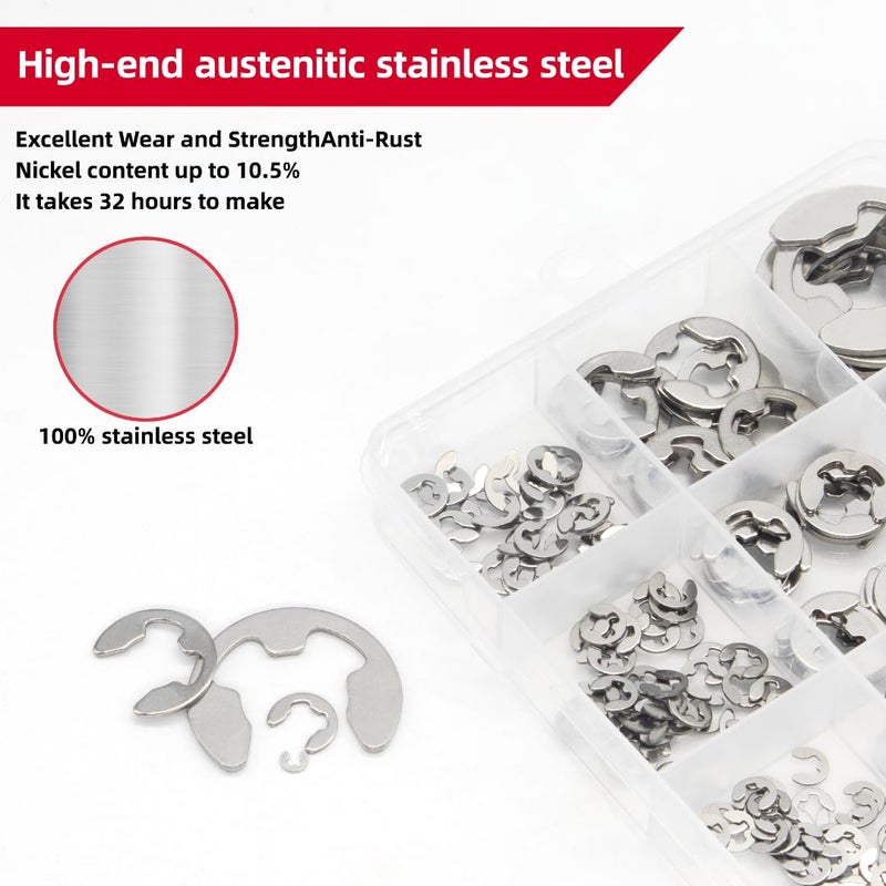 AIMUNOK 415Pcs E-Clip External Retaining Rings Snap Rings Assortment Set, 304 Stainless Steel C-Clip Kit, 14 SAE Sizes Circlip Snap Rings M1.5- M15 - Image 3